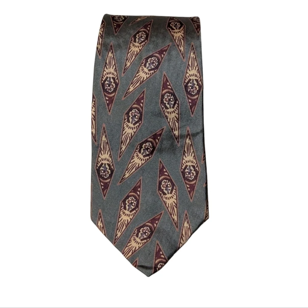 Robert Talbott Studio Nordstrom Silk Neck Tie Vintage Pattern Green Grey Maroon